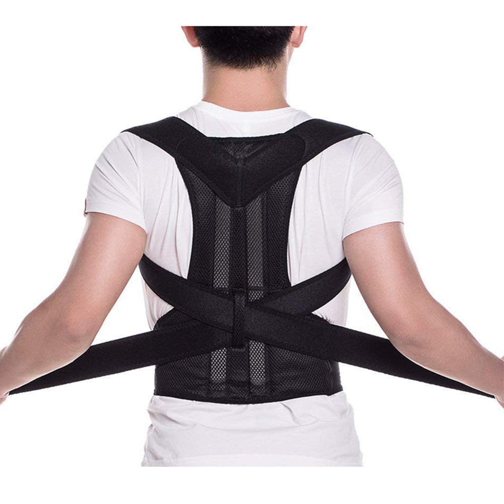 Person wearing a black posture corrector on a white tshirt