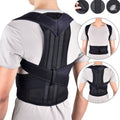 A black posture corrector back brace worn by a model, shown from the back with two circular inset images demonstrating front and back views, plus three close-up detail circles at the top right.