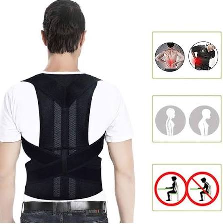 A man viewed from the back wearing a black posture corrector back brace over a white t-shirt. The image includes three informational panels on the right showing back pain, proper posture, and sitting/standing position restrictions.